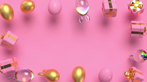 Animated Easter Frame with Pink Eggs, Golden Bunnies, and Gifts