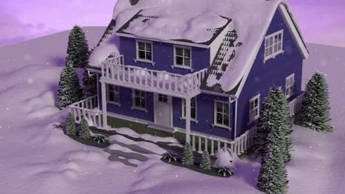 Festive Winter House with Falling Snow Animation
