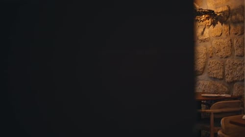 Empty Trendy Cafeteria Interior Camera Moving Lamps Illuminating Served Tables