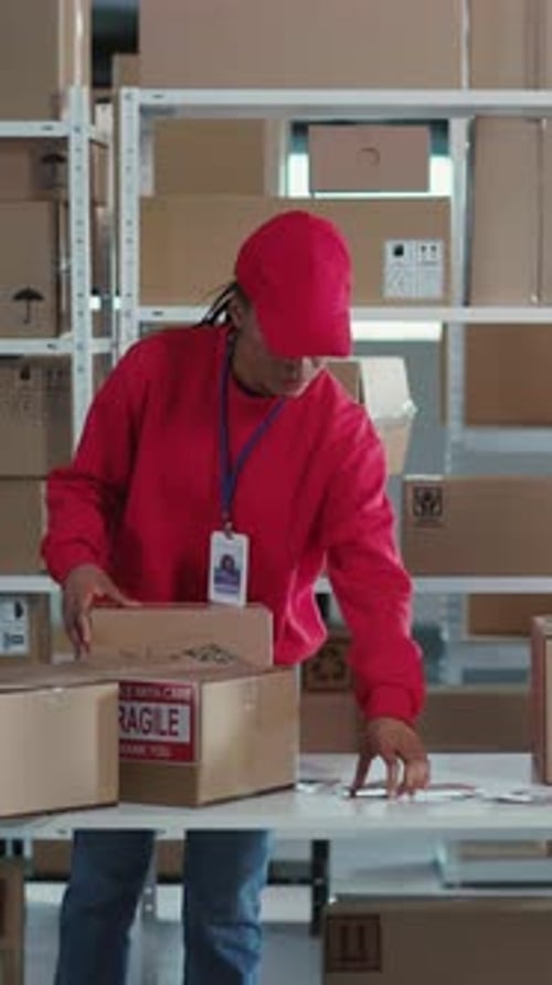 Cooperative MultiRace, junges Arbeiterpaar in roter Berufsuniform, verpackt Paket