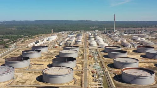 Portugal Sines Oil Terminal Storage Tanks Aerial View Oil and Gas Storage Tanks Oil Refinery