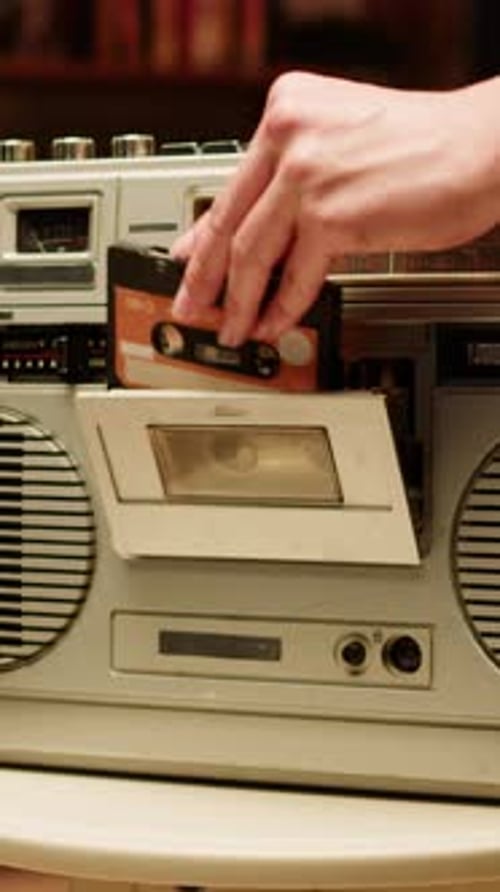 Vintage FM Radio Retro Radio Tape Recorder Closeup Listening to Music Old Radio Boombox Player