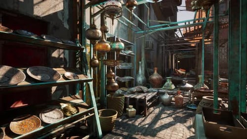 Sundrenched Passage Adorned with Traditional Artisanal Objects and Textures