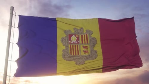 Andorra National Flag Waving Realistically Against Sunset Sky
