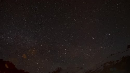 Night Time Time-lapse of a starfield moving across the sky above some alpine mountain peaks. Planes,