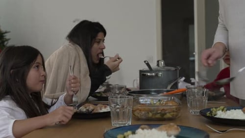 Family eating lunch, woman serving food on plate while people enjoying mealtime together