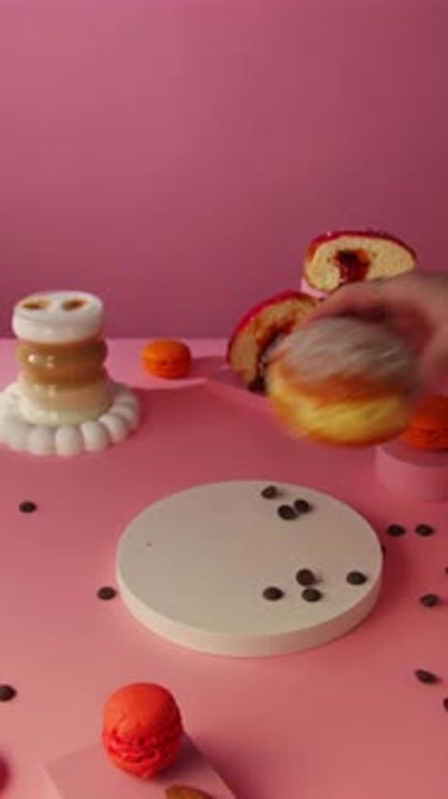 Tasty donuts and macarons on pink background