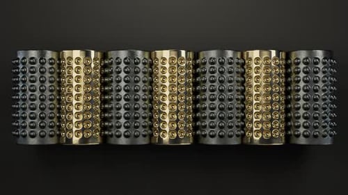 Moderne abstrakte, schleifende 3D-gerenderte, genoppte Rollzylinder aus Gold und Eisen über dem Hintergrund