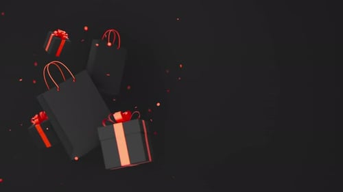 Coffrets cadeaux noirs, sacs à provisions, confettis rouges flottant sur fond sombre, concept d'offre d'achat