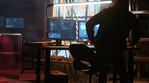 Hacker Arriving in Messy Base of Operations with Neon Lights and Graffiti Art