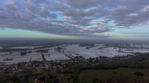 Aerial view of floodwaters engulfing fields, Sainte-Croix-du-Mont, France.