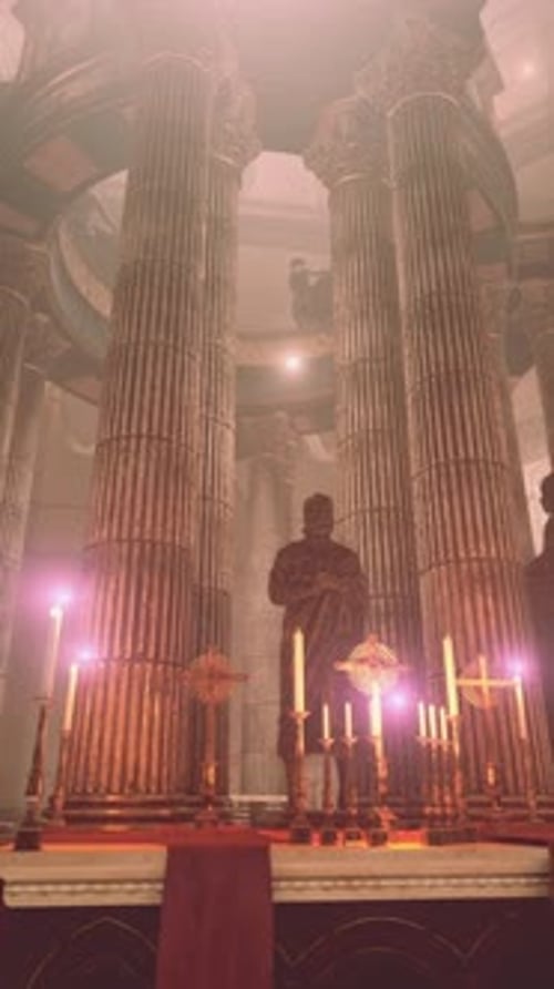 Interior del antiguo templo al anochecer con velas encendidas