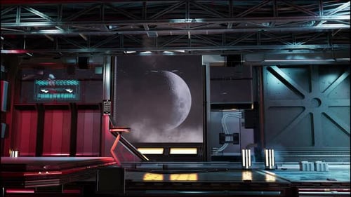 Futuristic Space Corridor With A View Of The Moon. 3D Animation