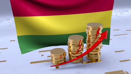 Bolivia Flag With Gold Coins Tower And Up Arrow