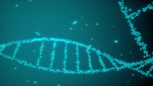 3D rendered animation of rotating DNA glowing molecule on blue background
