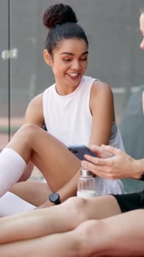 Social media, phone and friends with tennis court for game, break or competition joke