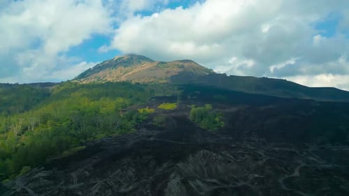Aerial View Lush Green Slopes Surrounding the Black Lava Fields of Mount Batur a Majestic Volcano in