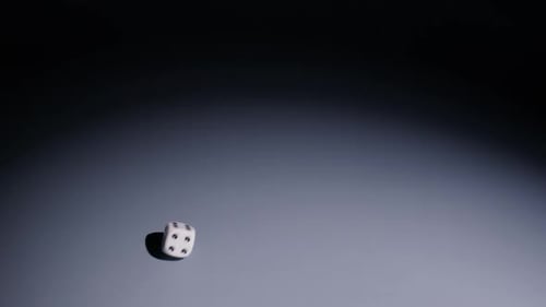Slow-motion of White Die rolling into View from Screen Left and Spinning Around