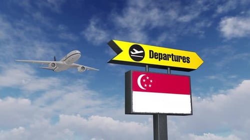 Singapore Departures Sign and Airplane Takeoff Animation