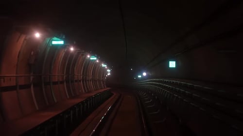 First Point View of Automatic Train Moving in Subway Tunnel Without Driver