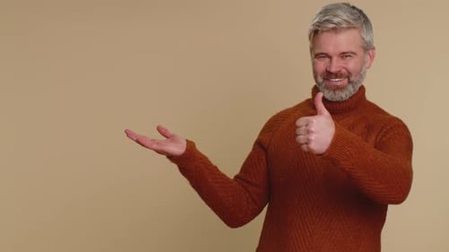 Man Pointing Empty Place Advertising Area for Commercial Text Copy Space for Goods Promotion