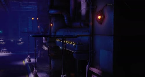 Industrial Setting with Dim Lighting and Futuristic Design Elements