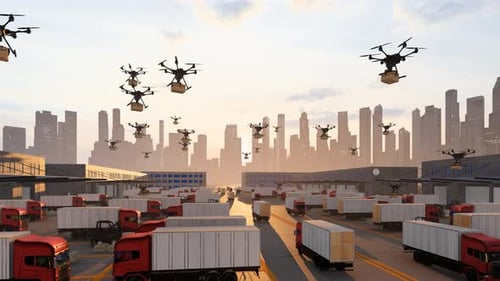 Futuristic Drone Delivery Over Logistics Hub with City Backdrop 3D Animation