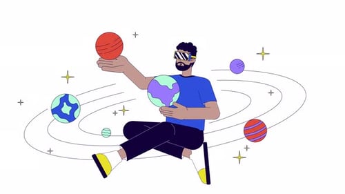 Animated Man in VR Interacting with Planets in Metaverse