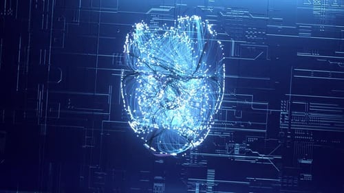 The Neural Connection Creates the Silhouette of a Human Head Glowing Particles AI Blue Neon Color 3d