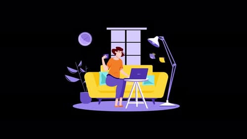 A woman working at a laptop in a cozy living room setting.
