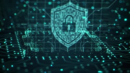 Security Hologram Virtual Hud Pin with Shield and Lock Concept of Finance Data Privacy and