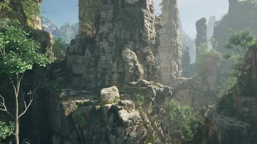 A Majestic Rock Formation Standing Tall in the Heart of a Lush Forest in China