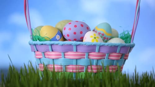 Easter basket sits in spring grass as clouds drift by