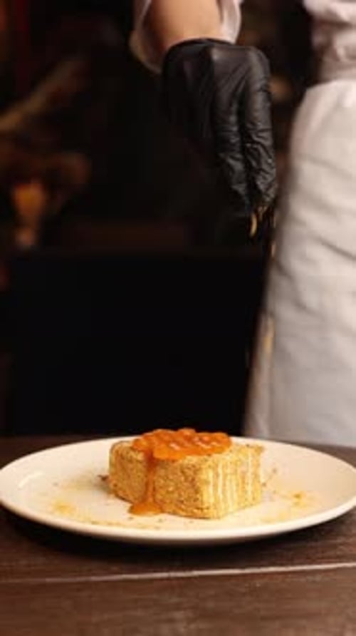 Pastry chef prepares delicious desserts at the restaurant