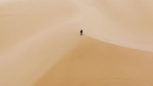 Couple Walking Across Expansive Sand Dunes Desert Landscape