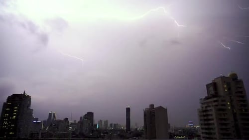 Lightning and rain in modern city center of Bangkok.