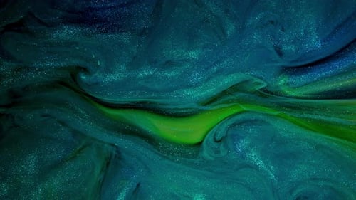 Fluid Art Blue and Green Glitter Flow on a Shimmering Abstract Background
