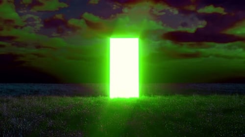 Bright glowing green portal opening in a field at night