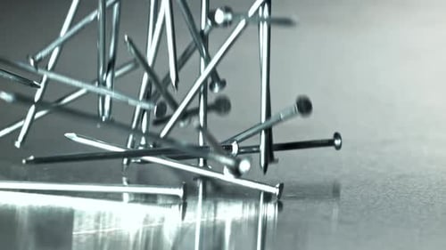 Builder Nails Scatter Carpentry Macro Composition Filmed on a Highspeed Camera at 1000 Fps