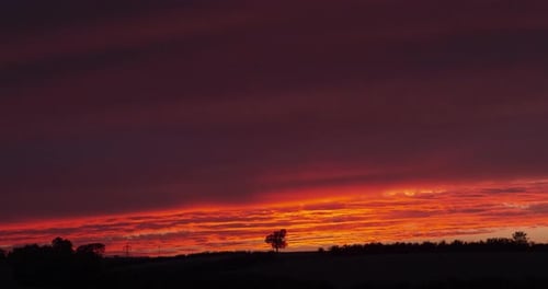 Dramatic Sunset Over Rural Field and Tree Silhouette