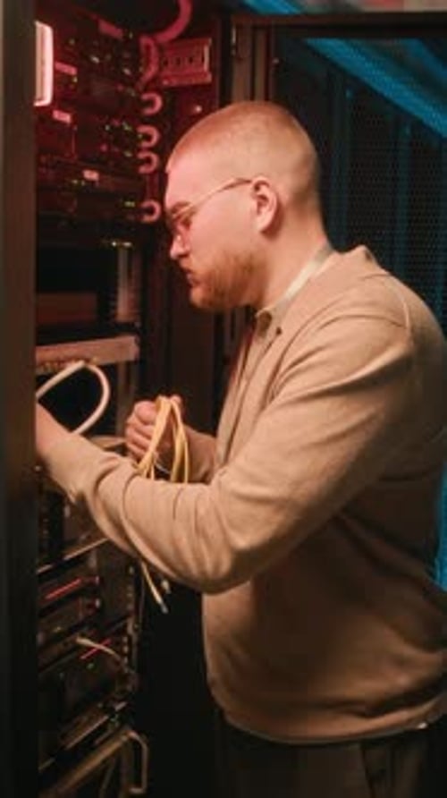 Man Connecting Cables in Modern Data Center