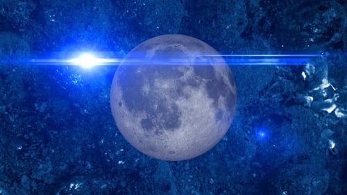 Realistic Rotating Moon with Blue Lens Flare in Dark Space