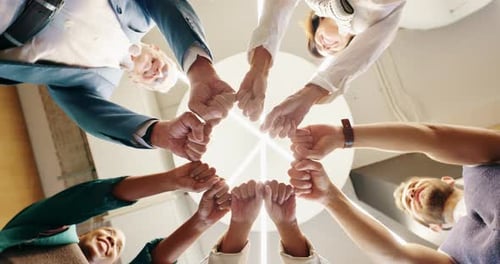 Business, people and hands with fist bump in circle for company team building