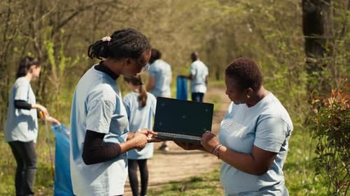 Volunteers Use Laptop During Park Cleanup Project