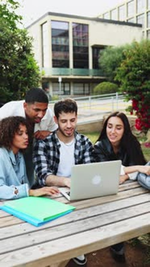 Collaborative multi-ethnic students working on laptop at campus outdoor