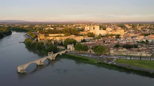 Beautiful view of Avignon with famous bridge Saint-Benezet, medieval architecture along the Rhone Ri