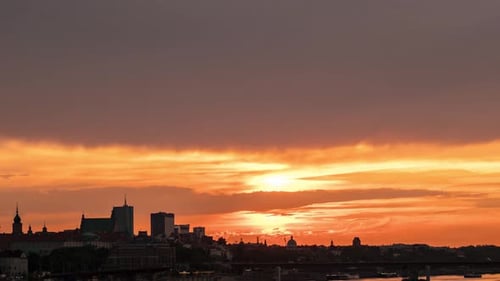Cloudy Sunset Skyline Timelapse in Warsaw by the Vistula River