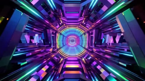 Futuristic Neon Cyber Tunnel with Glowing Geometric Tech Lights