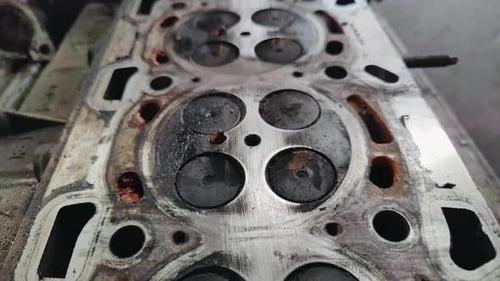 Slider Shot Of Top View Of Valve Cover Of Old Fossil Fuel Car Engine