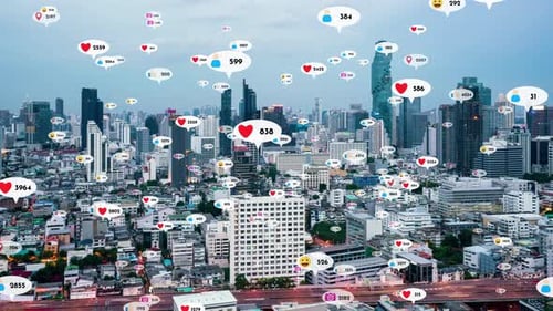 Social Media Icons Fly Over City Downtown Showing People Reciprocity Connection